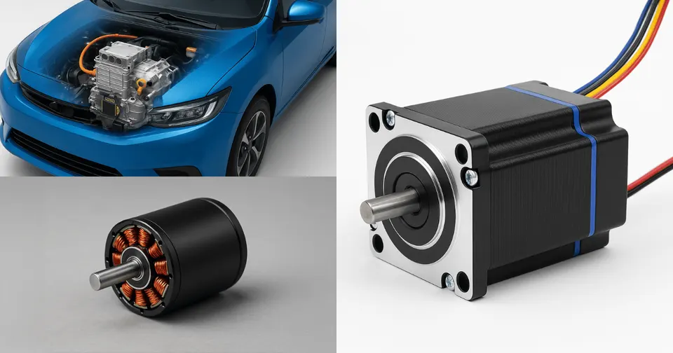 Comparison image showing an electric vehicle motor inside a blue EV, a black servo motor with colorful wires, and a brushless DC (BLDC) motor with visible copper windings, representing different motor types used in electric mobility and automation.
