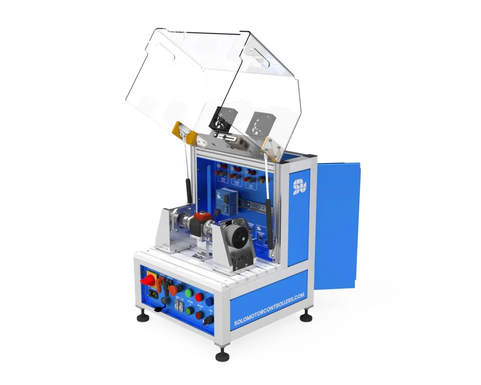 Clean rendering of a 5kW SOLO motor test bench, lid open, motor and control panel visible