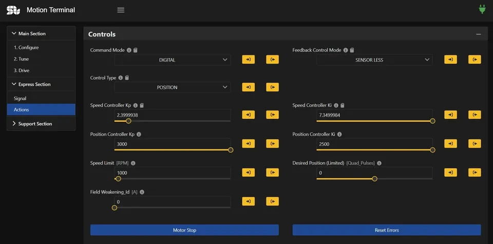 SOLO Motion Terminal Controls UI with PID and protection fields
