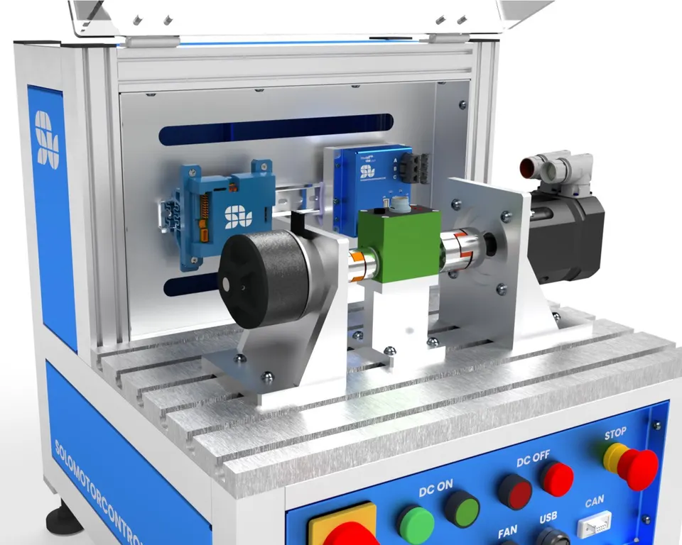 Closeup of a 5 kW SOLO test bench, controllers, coupling and motors