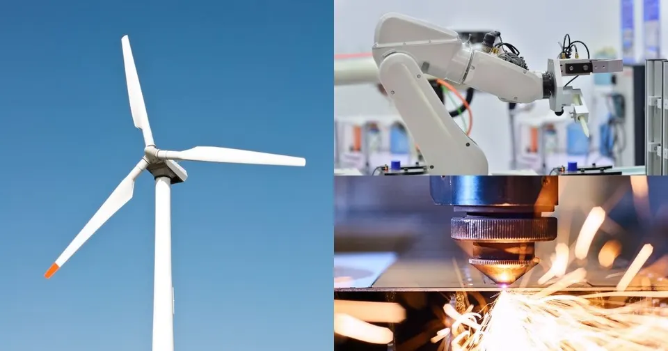 Collage of industrial applications powered by electric motors, including a wind turbine, a robotic arm in automation, and a CNC laser cutting machine with sparks.
