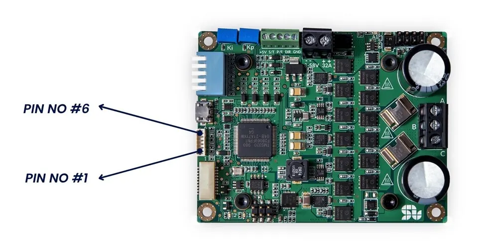 SOLO UNO motor controller showing the Encoder/Hall input connector with pin 1 and pin 6 locations.