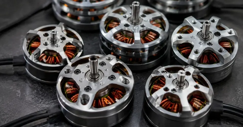Collection of compact brushless DC motors with exposed copper windings, metal housings, and central shafts arranged on a dark surface.