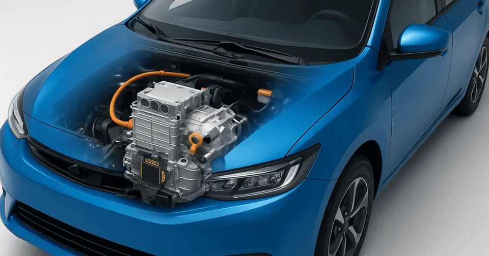 Electric vehicle motor seen through a transparent hood, showing EV powertrain and orange high-voltage cables in a perspective view.