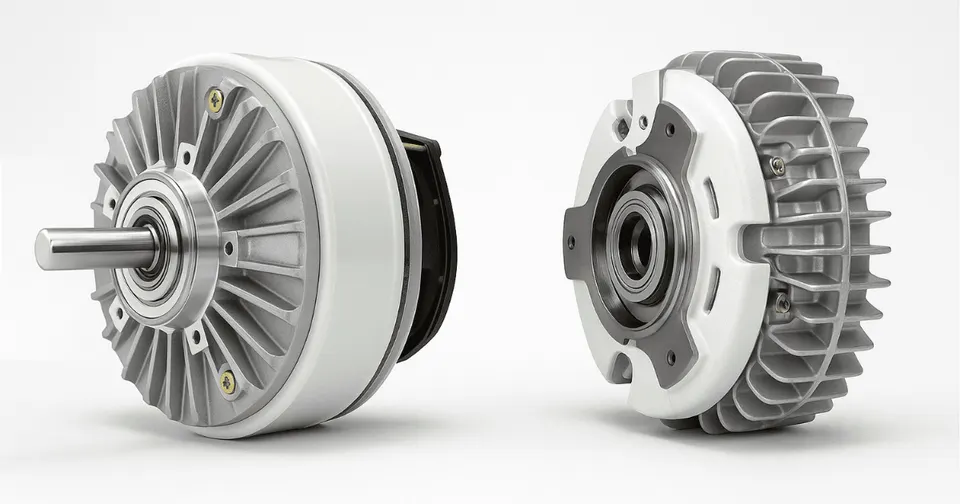 Front and rear views of a magnetic powder brake, showing the shaft, cooling fins, and housing details on a clean white background.