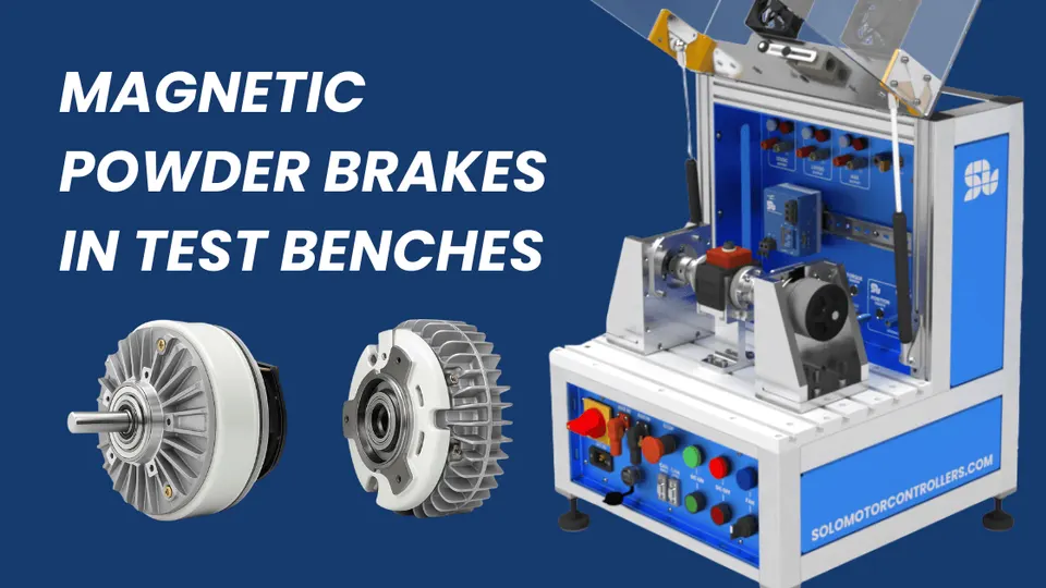 Magnetic powder brakes integrated into a motor test bench setup with SOLO Motor Controllers, showing front and rear brake views
