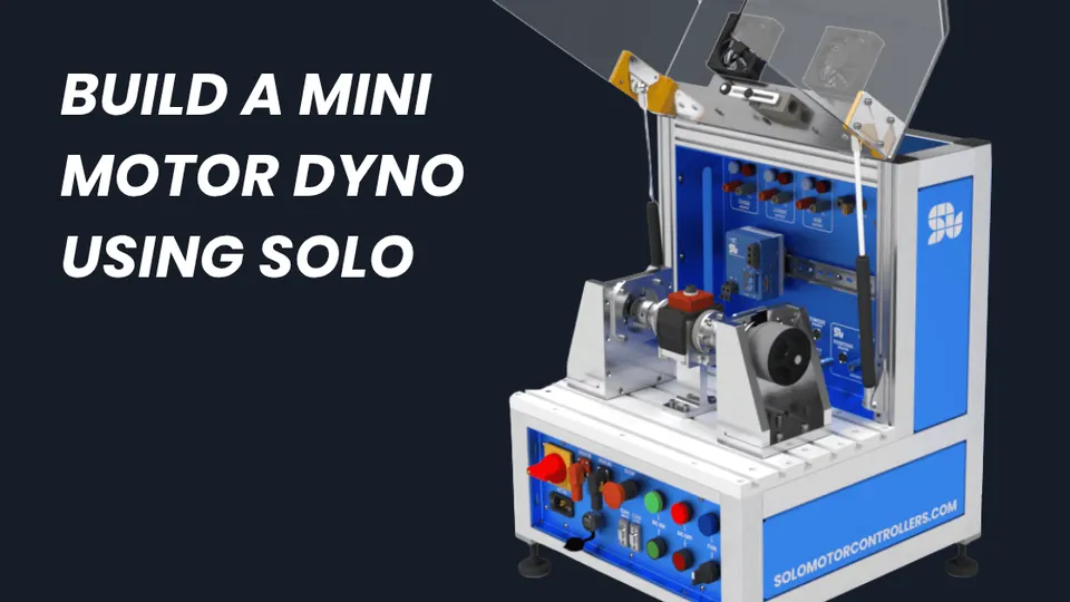 Thumbnail showing a compact motor dyno test bench, the test bench built with slolo, with the caption 'Build a Mini Motor Dyno Using SOLO