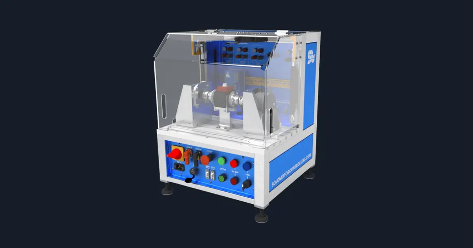Front view of the compact Solo Motor Test Bench enclosed in a transparent protective casing, showcasing its controls and test motor mount.