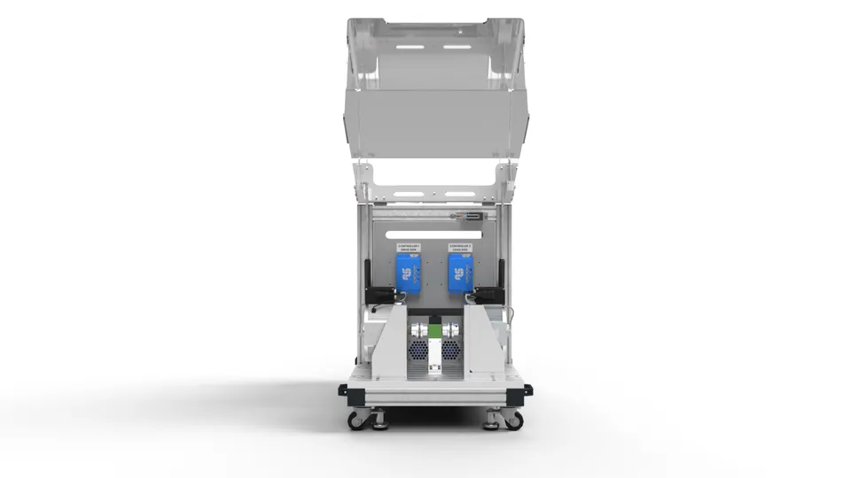 3D rendering front view of a SOLO motor test bench with dual controllers