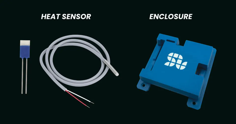 Close-up image of heat sensor, temperature probe, and protective blue electronics enclosure used in industrial or IoT applications.