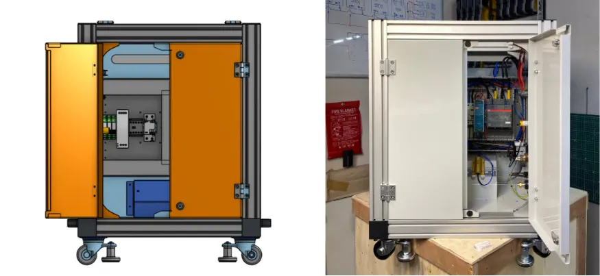 Figure 19. Electrical cabinet back doors in 3D model (L) and real machine (R)
