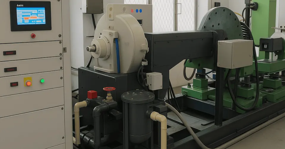 Heavy-duty stationary motor test bench with dynamometer and advanced control cabinet, used for industrial motor analysis and performance testing in a lab environment.
