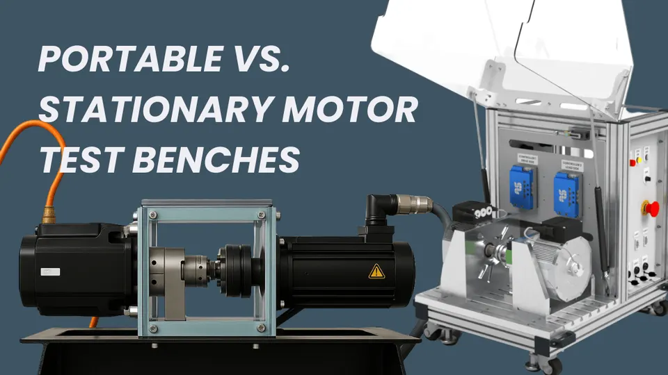 Thumbnail image comparing portable and stationary motor test benches, featuring a compact portable unit with SOLO Motor Controllers and a fixed industrial dynamometer bench, highlighting flexibility in motor testing applications.