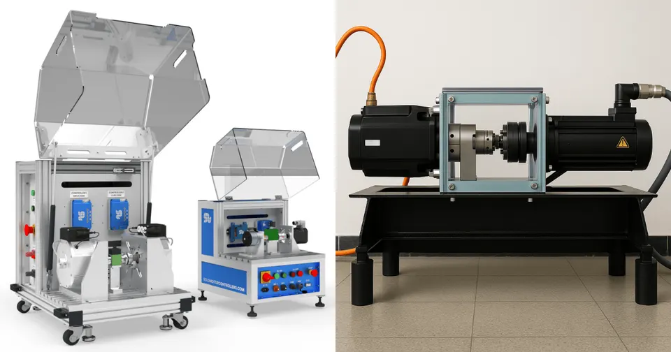 Comparison of portable and stationary motor test benches equipped with SOLO Motor Controllers, designed for flexible educational and research applications with integrated safety covers and modular control systems.