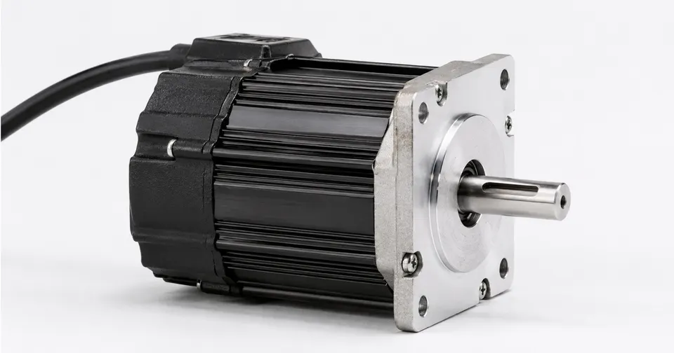 AC brushless motor with black ribbed housing, silver mounting flange, and keyed metal shaft on a light background