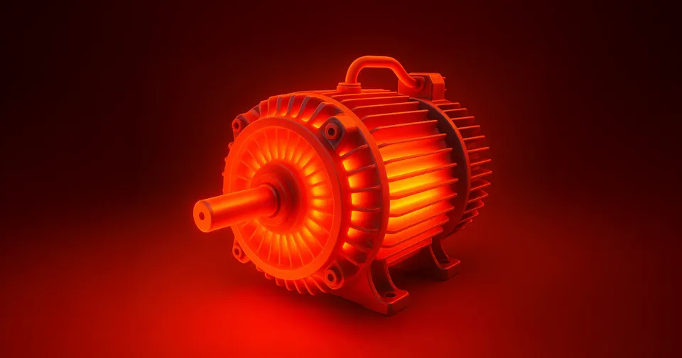 3D rendered electric motor glowing with hot red and orange colors to illustrate thermal stress and overheating in high-load conditions.