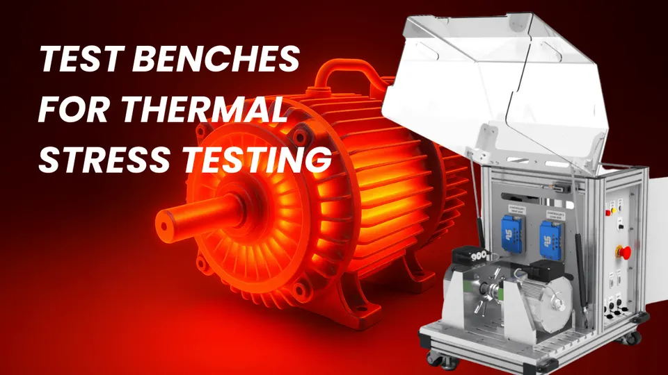 Test benches for thermal stress testing – illustration showing a glowing red electric motor alongside a specialized testing machine with protective cover and control panel.