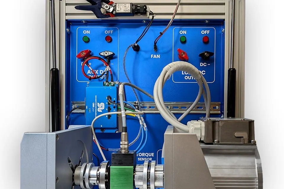 SOLO Mega motor controller on a motor test bench with torque sensor and control panel